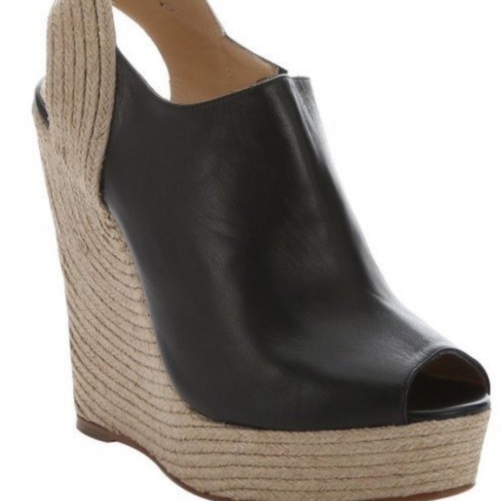 Gucci black leather Charlotte Platform espadrille wedge slingback.